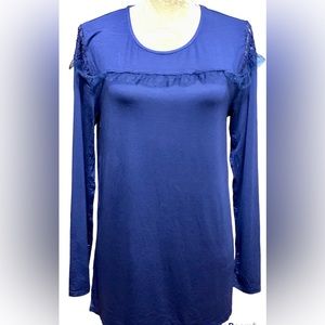 KATE & MALLORY BLUE LONG SLEEVE BLOUSE/TUNIC WITH LACE SIZE MEDIUM NEW